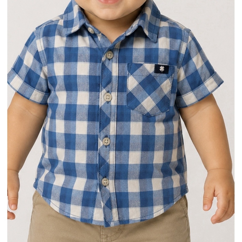 LUCKY BRAND Boys Short Sleeve Button Up Cotton Shirt Size 10 Months Blue/White